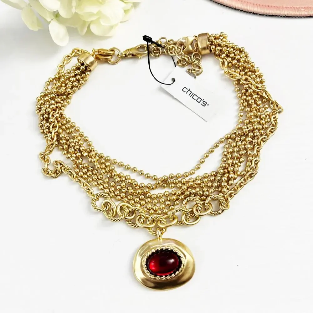 NEW Chico's Art Deco Red Gem Pendant Necklace - Picture 2 of 11